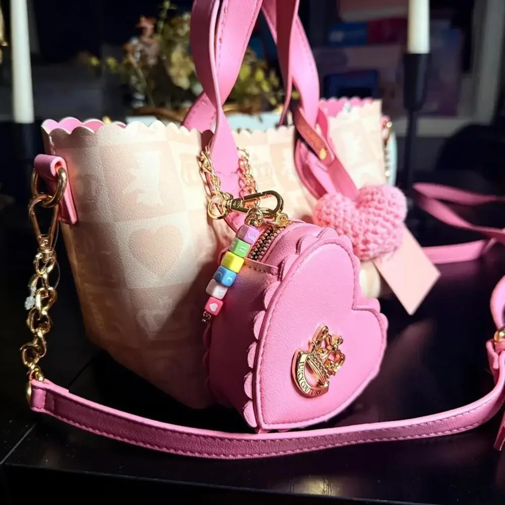 Juicy Couture Sweet Break Time Mini Tote Sandstone Pink Crossbody Charm Set NWT